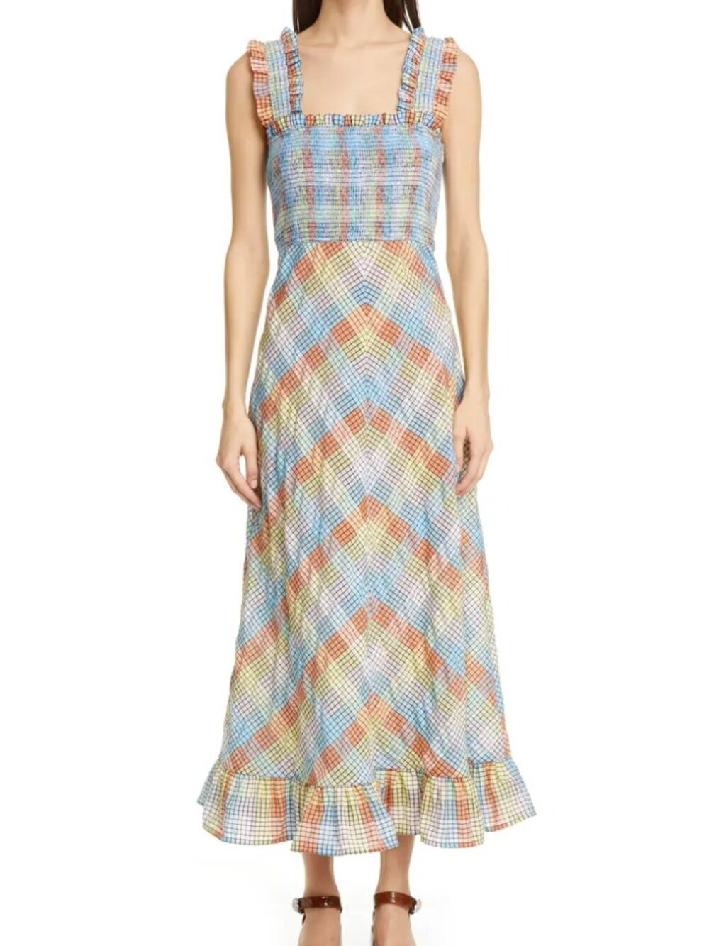 Ganni Plaid Smocked Seersucker Midi Sundress